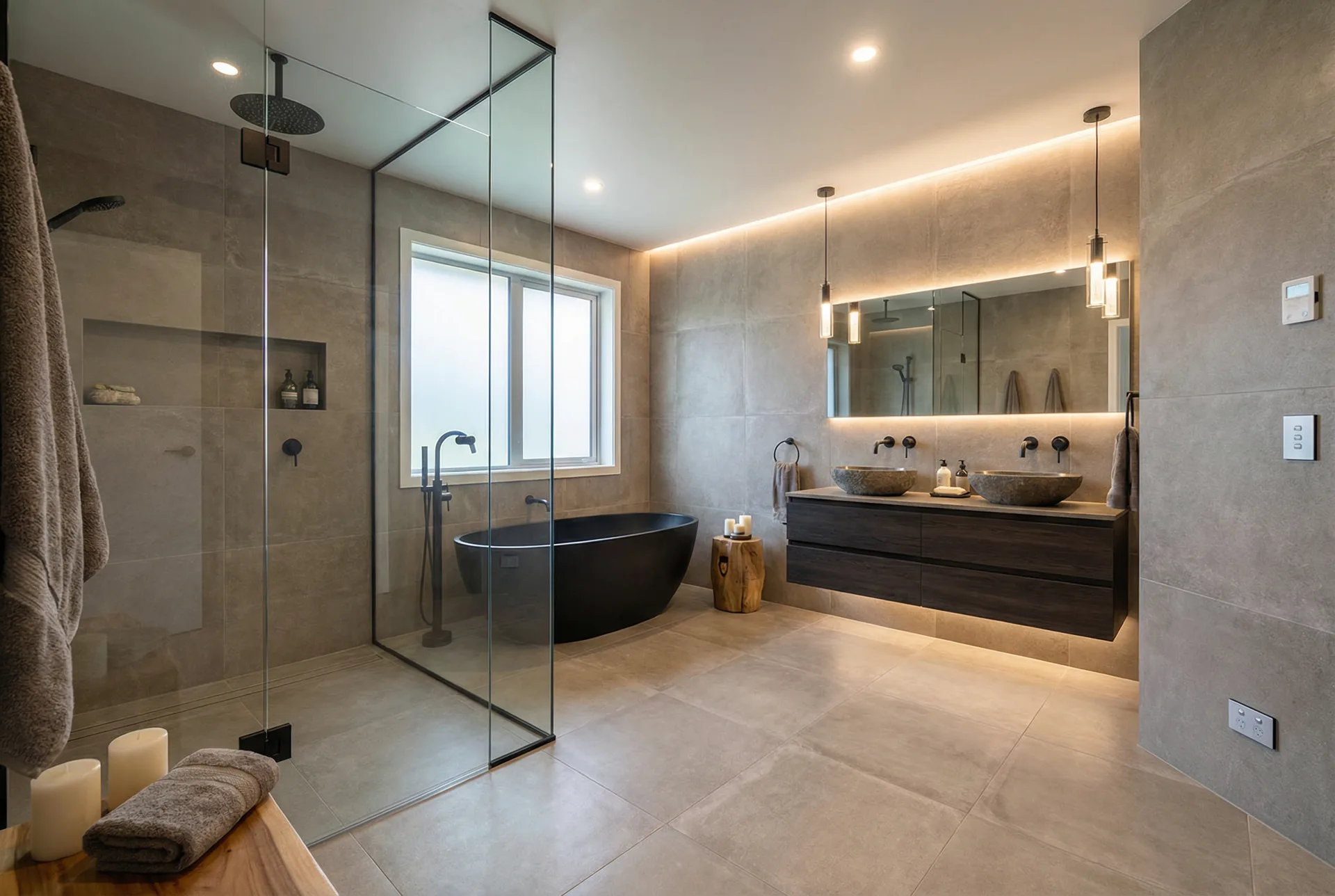Luxury bathroom renovation with walk-in shower and freestanding tub in Manitoba home